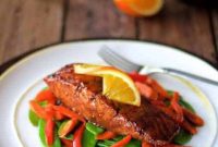 Jeweled Salmon with Orange Pomegranate Glaze and Garden Stir-Fry