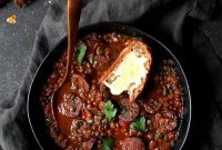 Spanish Chorizo Lentil Stew with Crispy Manchego Toast