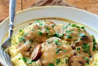 Marsala Glazed Chicken Meatballs with Baked Parmesan Polenta