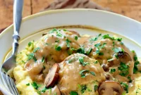 Chicken Marsala Meatballs with Parmesan Polenta Gratin