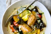 Sheet Pan Roasted Chicken Sausage with Creamy Polenta