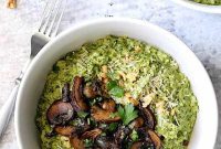 Baked Risotto Bliss with Vibrant Kale Pesto and Savory Mushrooms