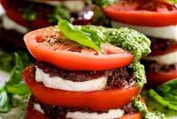 Heirloom Tomato Towers with Black Olive Tapenade and Zesty Pesto