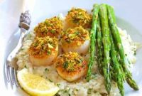 Golden Pistachio Scallops, Creamy Champagne Risotto, Crisp Asparagus