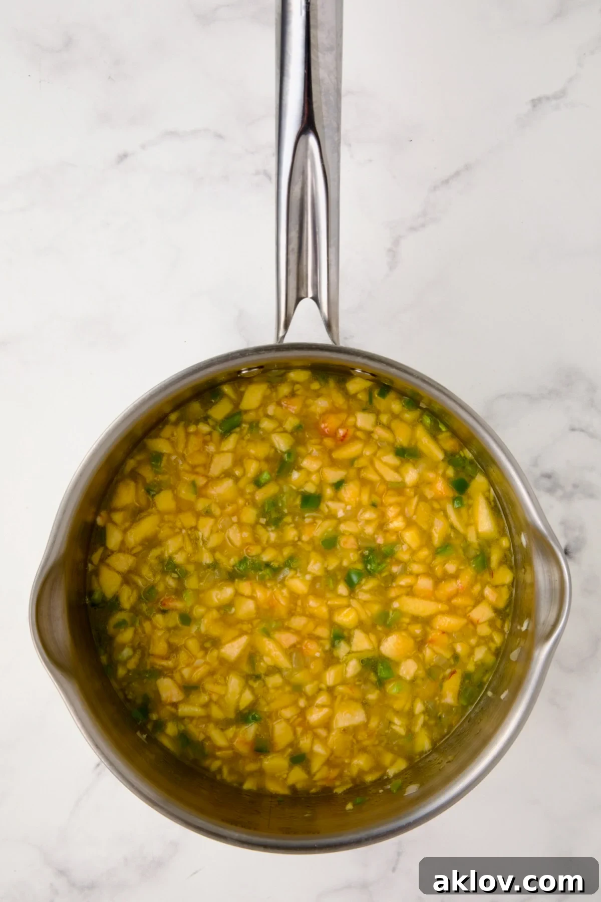 All ingredients, including peaches, onions, jalapeño, apple cider vinegar, and sugar, combined in a stainless steel saucepan, ready for simmering.