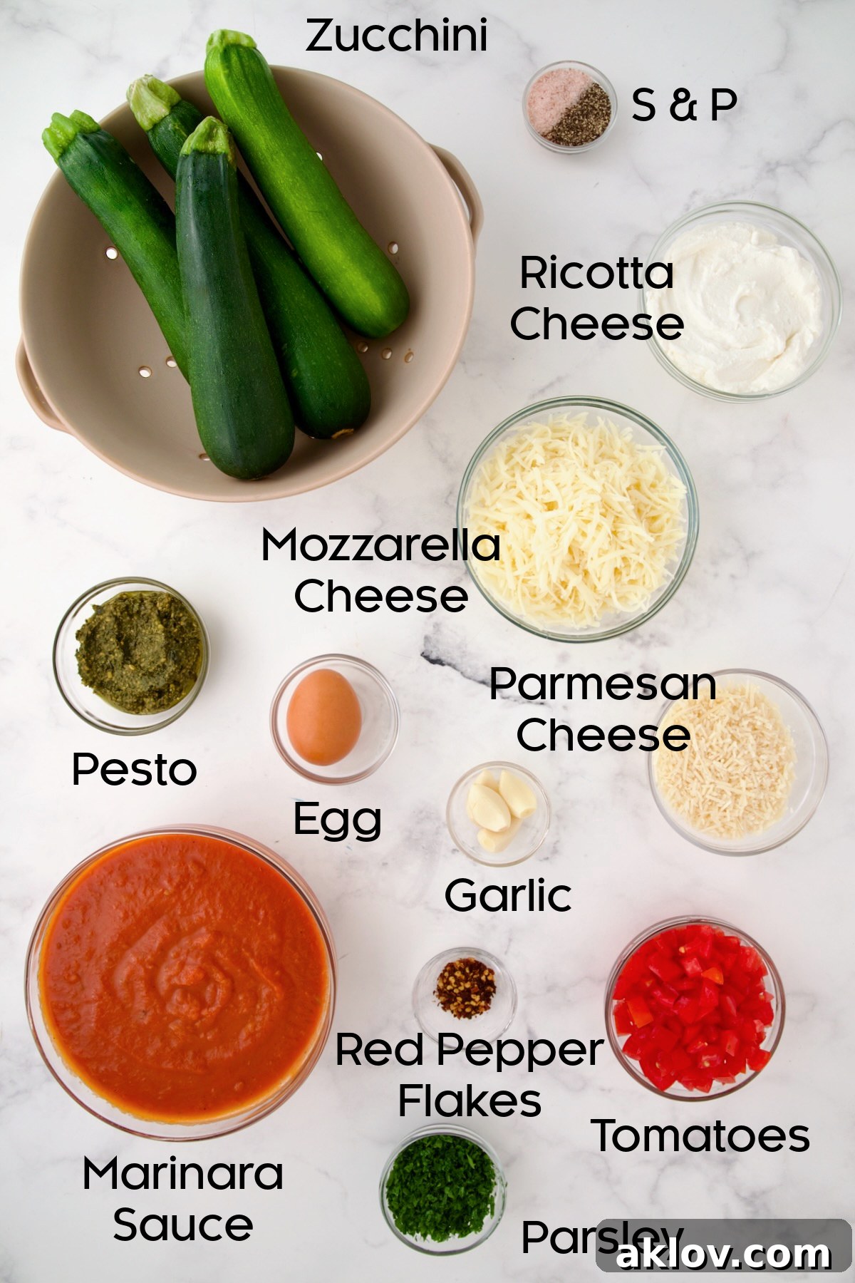 Ingredients for Zucchini Ravioli in glass bowls.