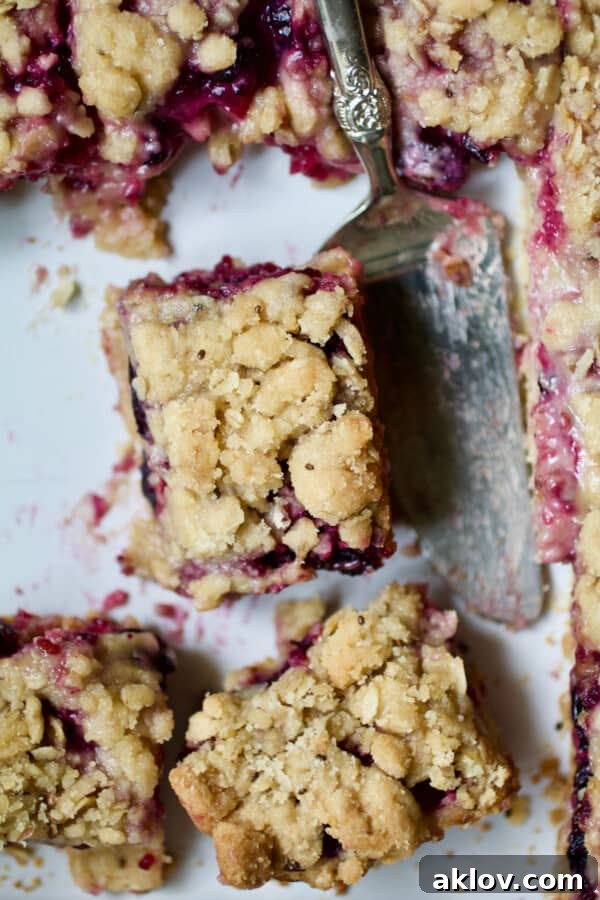 Photo of Blueberry Crumble Bars in white baking dish with serving utensil.