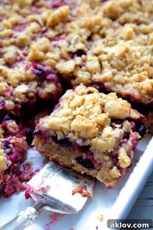 Close-up photo of Blueberry Crumble Bars with one bar being removed with silver pie server.