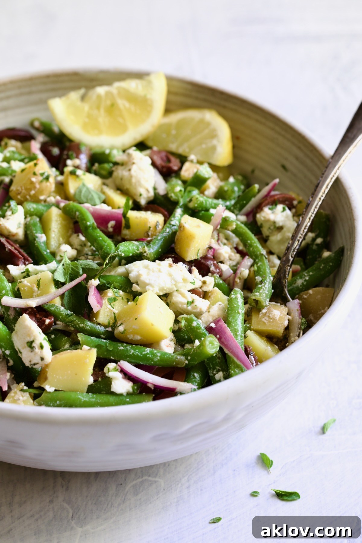 A delectable close-up of the Potato Green Bean Salad in a white serving bowl, showcasing its vibrant ingredients and inviting textures.