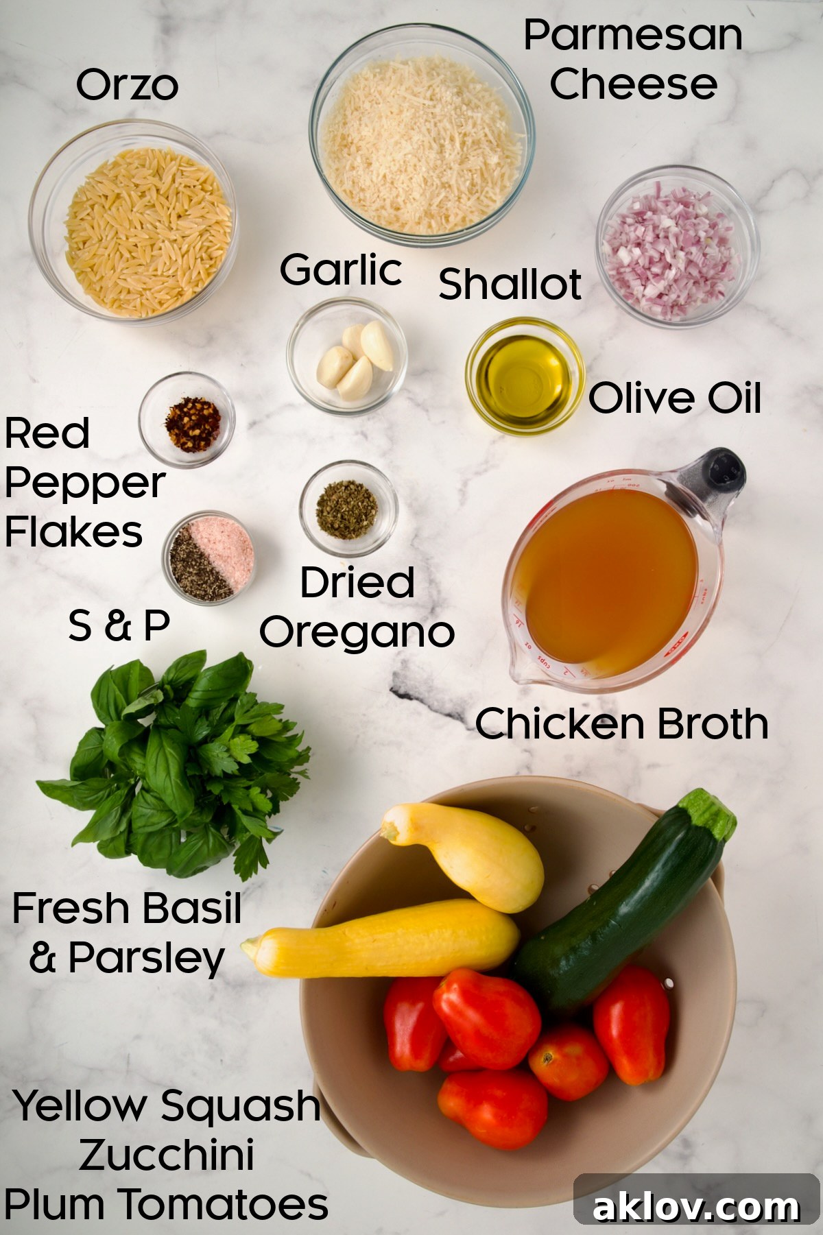 Various ingredients for Orzo Vegetable Tian neatly arranged in small glass bowls.