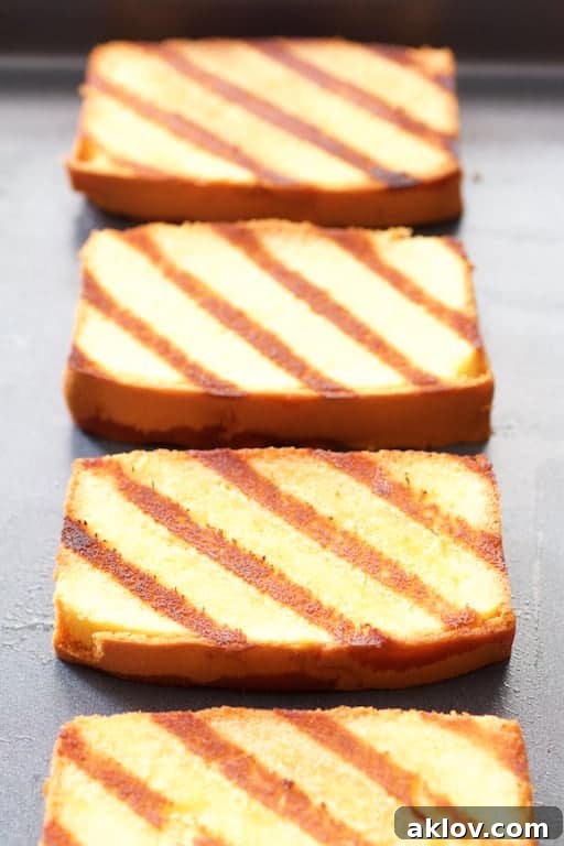 Close-up photo of grilled pound cake slices.