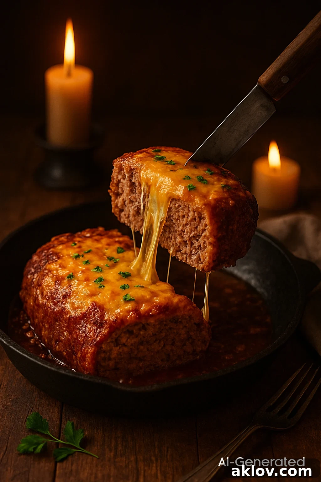 AI-generated photo of an overly cheesy meatloaf with unnatural textures.