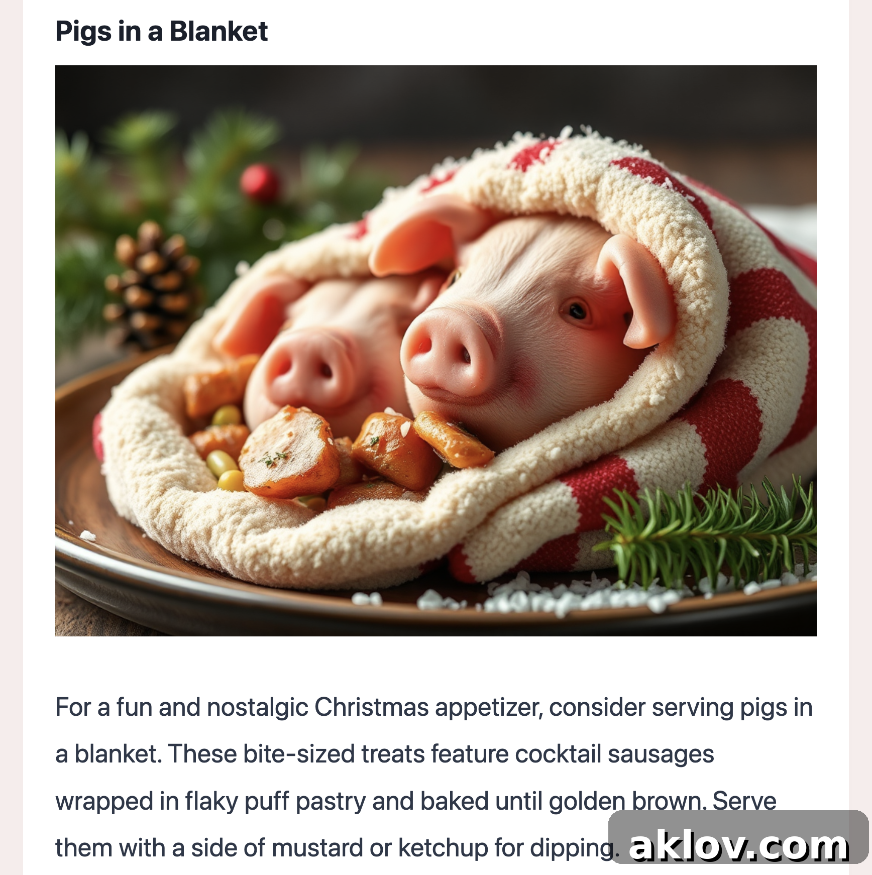 AI image of Pigs in a Blanket with unusual rendering and unnatural perfection.