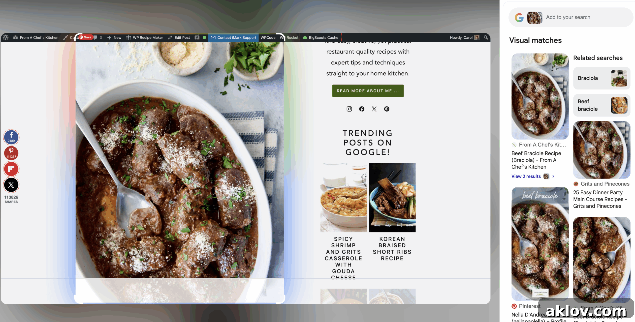 Screenshot of Google Lens search results for an authentic Beef Braciole recipe image, showing multiple visual matches.