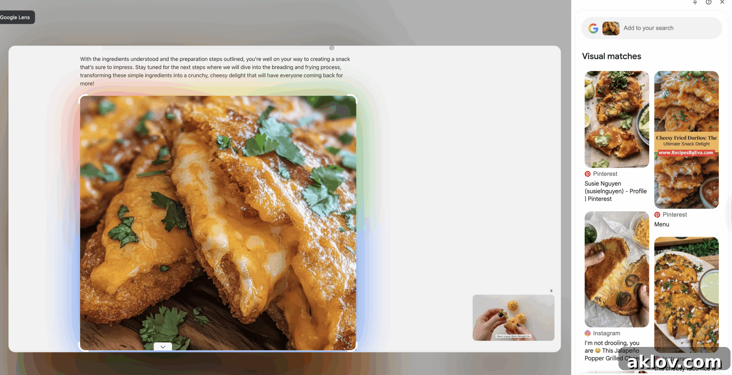 Screenshot of Google Lens search results for an AI-generated 'Crunchy Fried Cheese Stuffed Doritos' image, showing no legitimate visual matches.