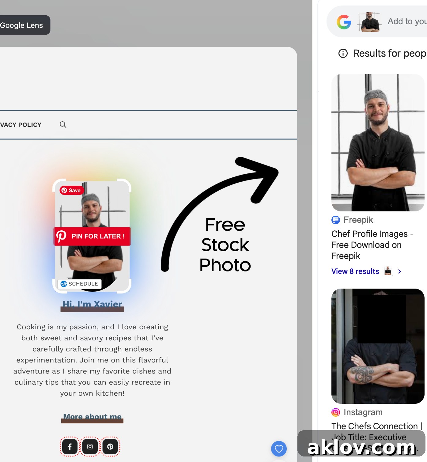 Screenshot showing an AI-generated profile with a stock photo of 'Xavier' from Freepik, used for impersonation.