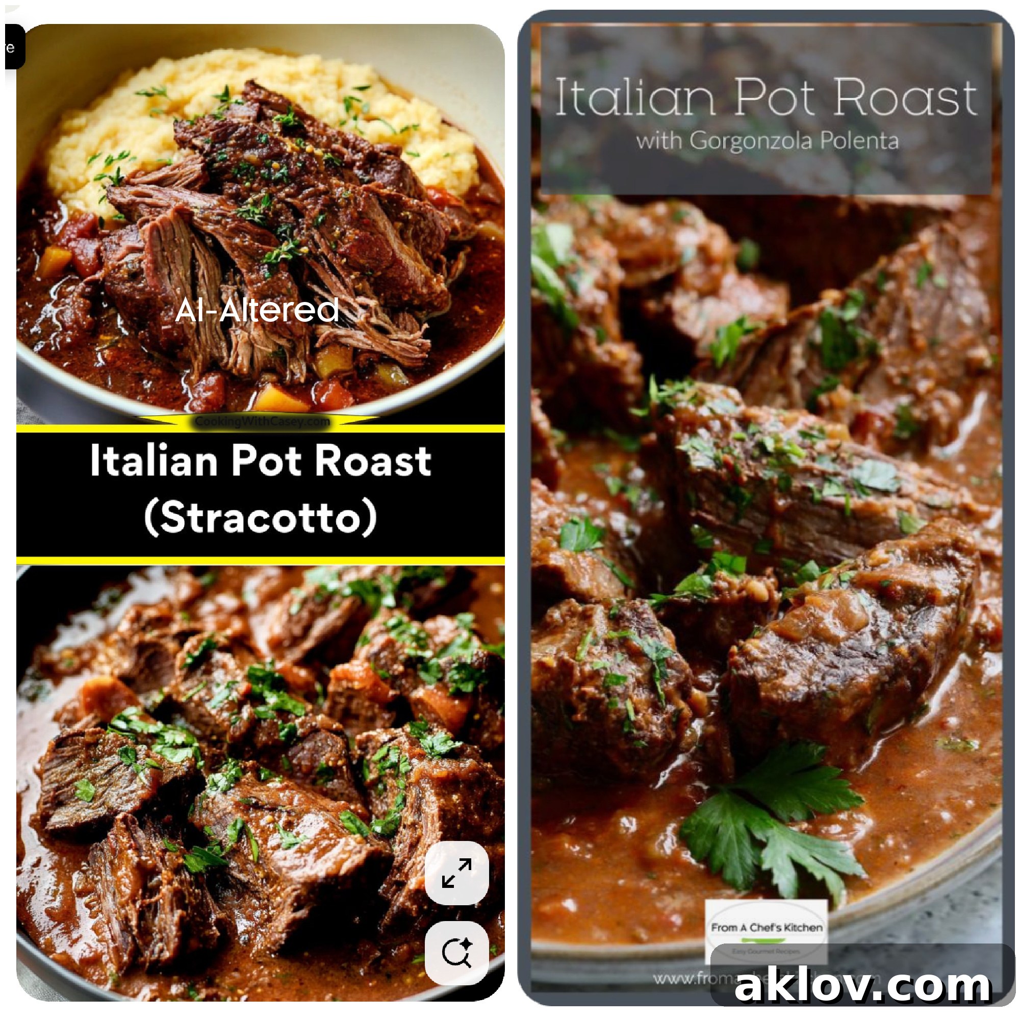 Comparison of an AI-altered image of Italian Pot Roast (left) vs. the original human-created photo (right).