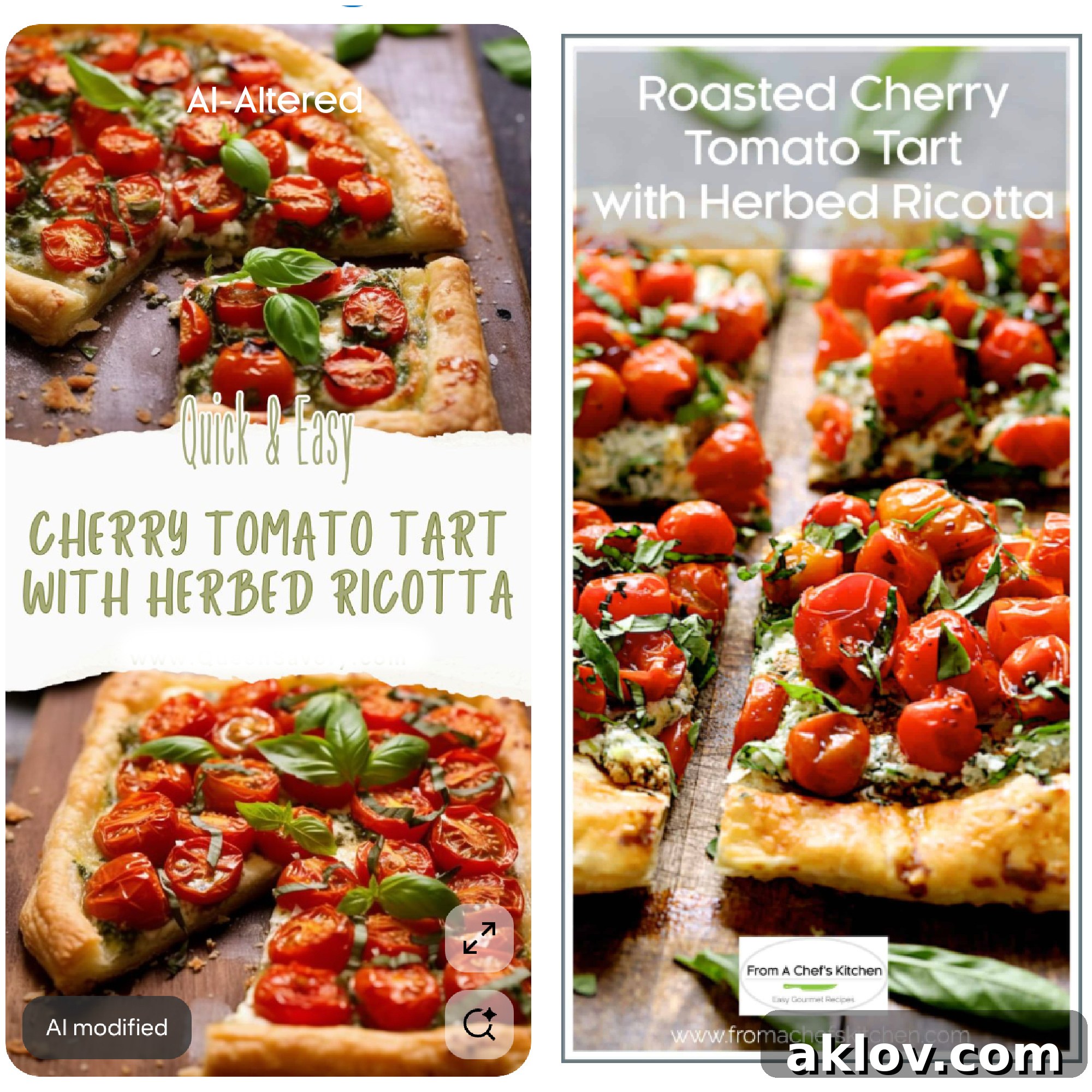 Comparison of an AI-altered image of a Cherry Tomato Tart (left) vs. the original human-created photo (right).
