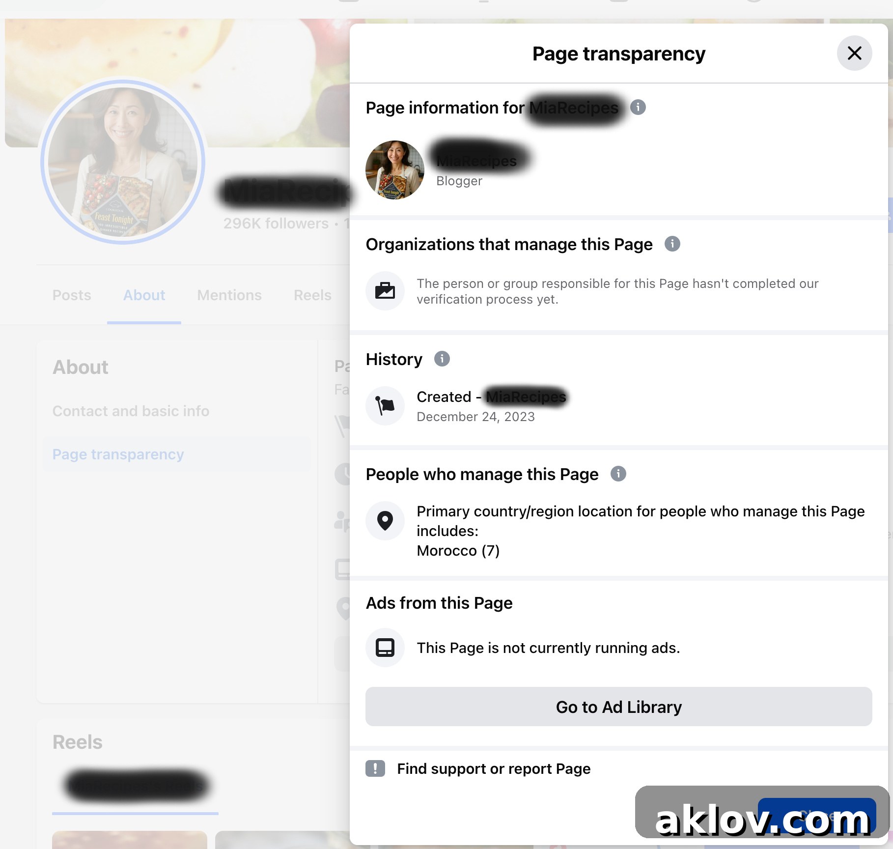 Screenshot of Facebook Page Transparency section showing a page with high followers originating from Morocco, suggesting AI fraud.