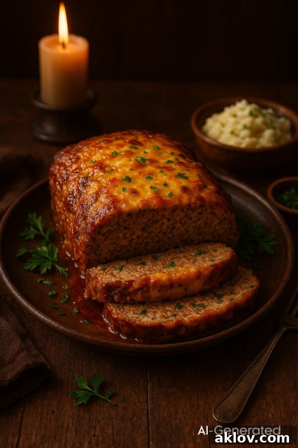 AI-generated photo of cheesy meatloaf with an artificial glow.