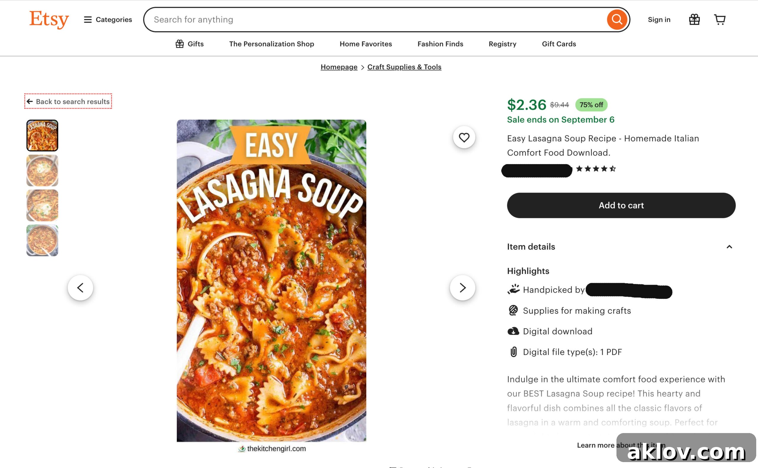 Screenshot of an Etsy listing for Lasagna Soup, clearly showing the original blogger's name 'The Kitchen Girl,' indicating content theft.