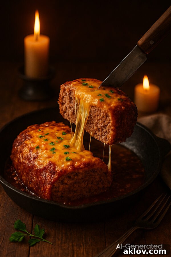 AI-generated photo of an unrealistic cheesy meatloaf, showing signs of digital manipulation.