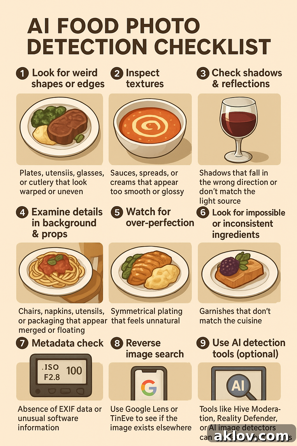 AI Food Photo Detection Checklist Graphic outlining 10 ways to spot fake food images.