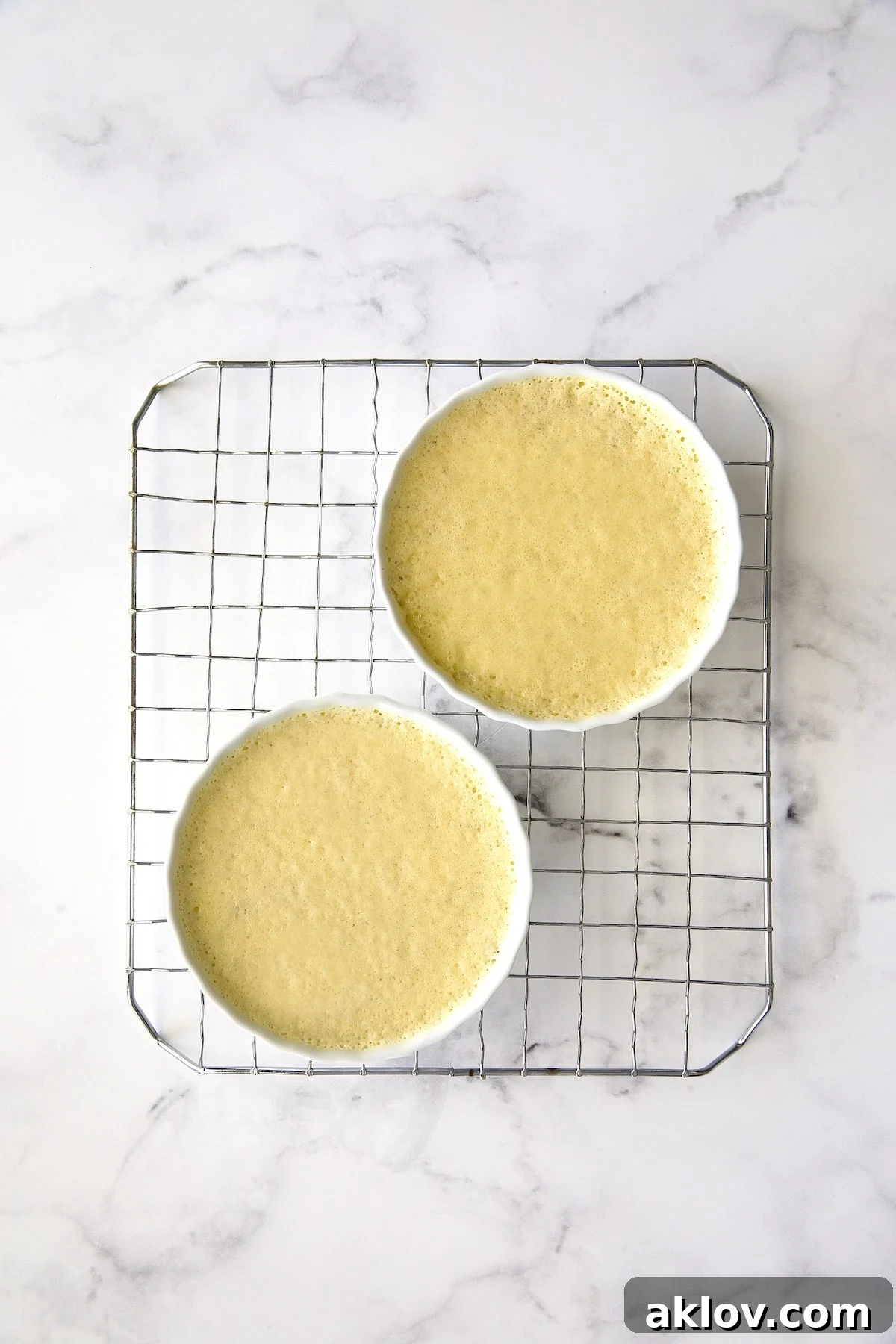 Baked crème brûlée custards, perfectly set and cooled, awaiting their signature sugar topping.