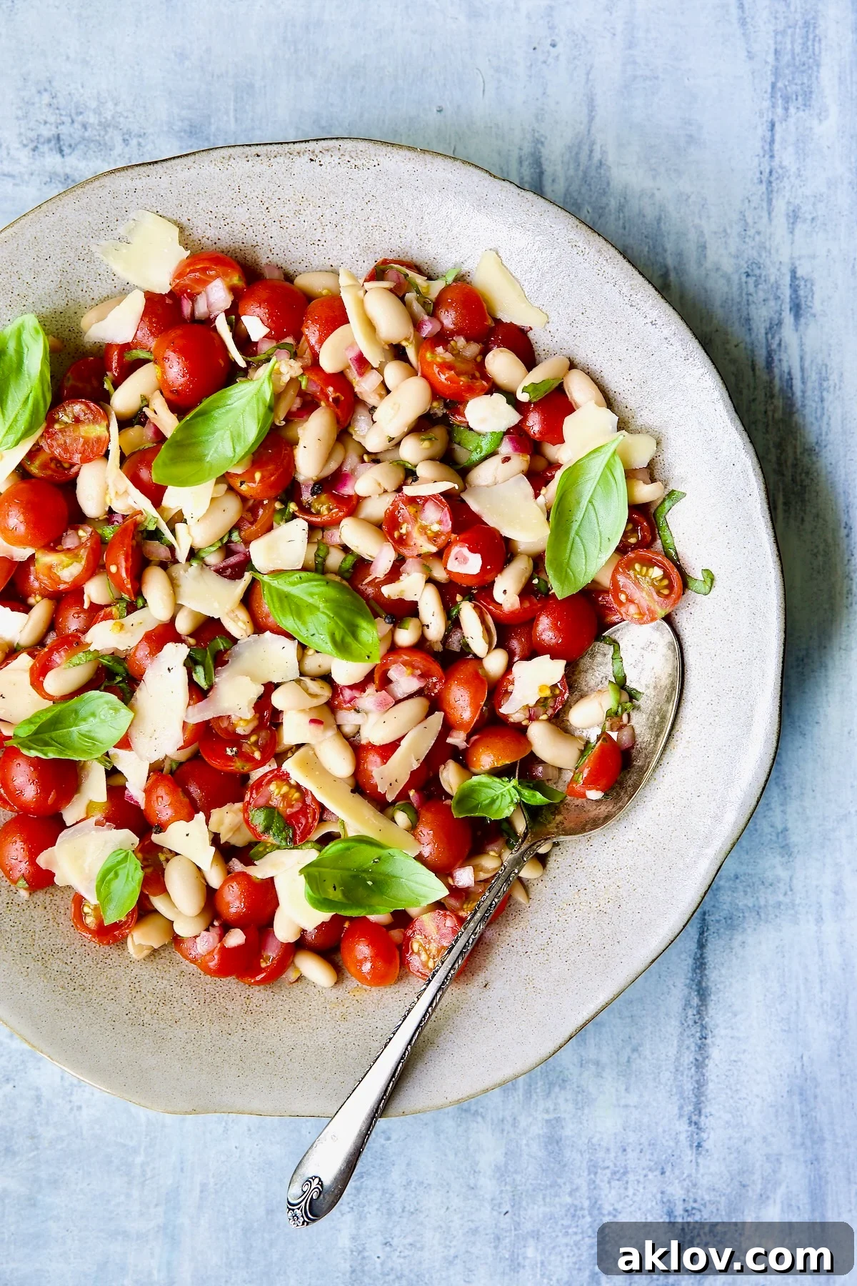 A beautifully presented Tuscan Cherry Tomato and White Bean Salad in a serving bowl, ready to be enjoyed with a serving spoon.