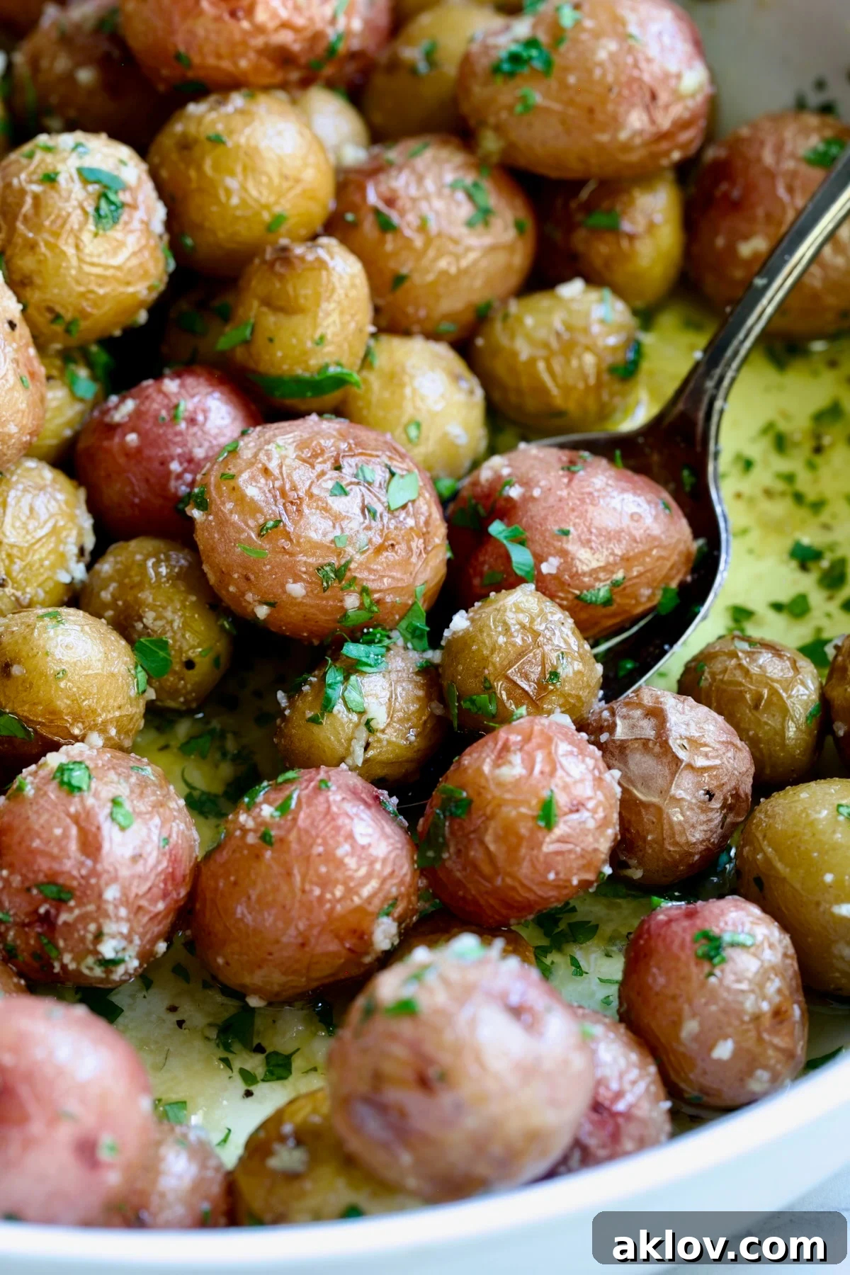 A final close-up of the Garlic Butter Parmesan Mini Potatoes, emphasizing their rustic charm and appetizing appeal.