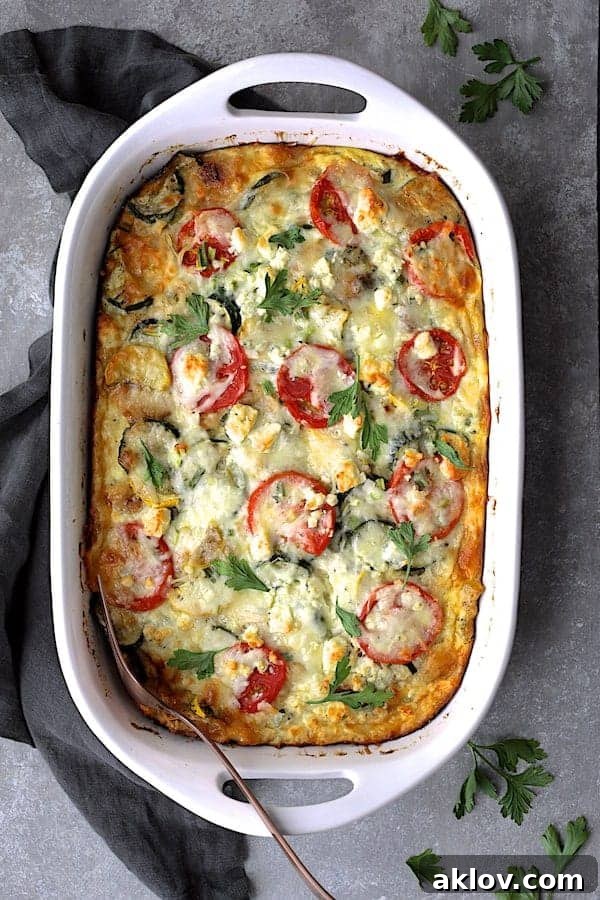 Photo of Four Cheese Strata with Zucchini and Tomatoes in white baking dish on gray background garnished with fresh parsley.