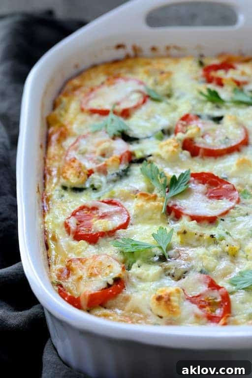 Photo of baked Four Cheese Strata with Zucchini and Tomatoes in white baking dish garnished with fresh parsley.