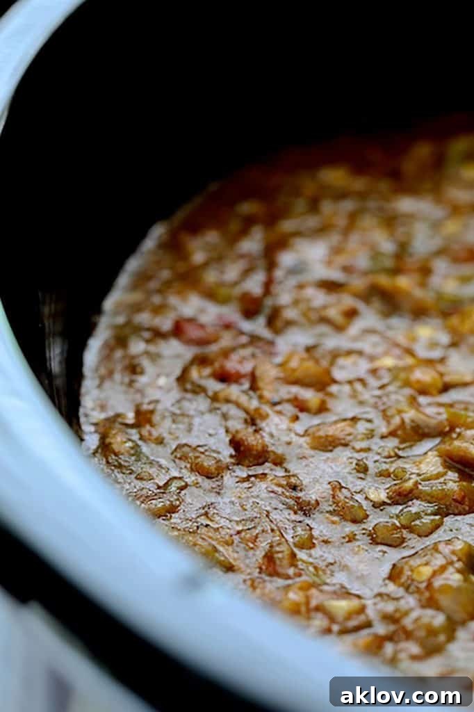 Close-up photo of chili looking into slow cooker.