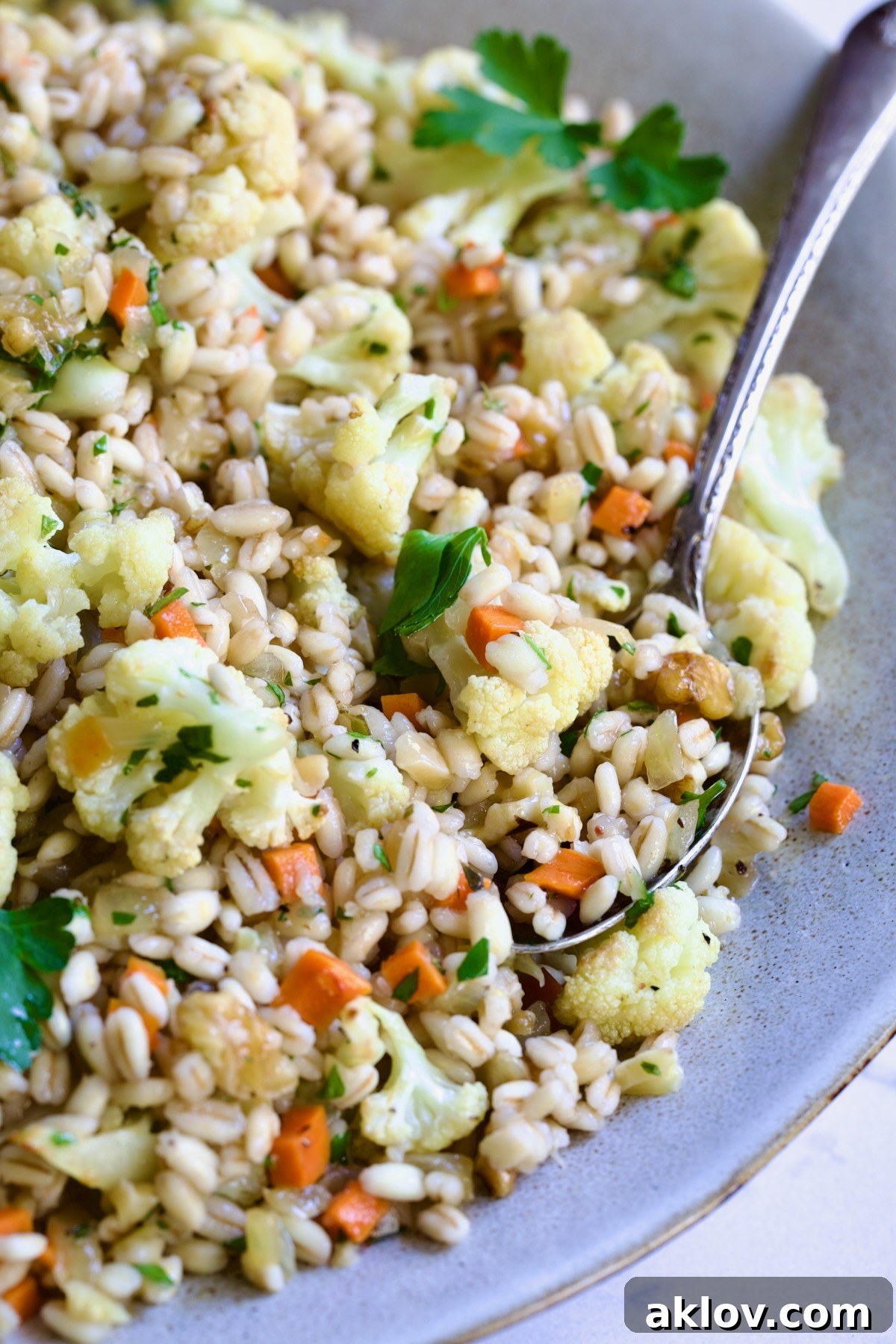 Barley Pilaf with Roasted Cauliflower garnished with fresh parsley in serving bowl with serving spoon, close-up.