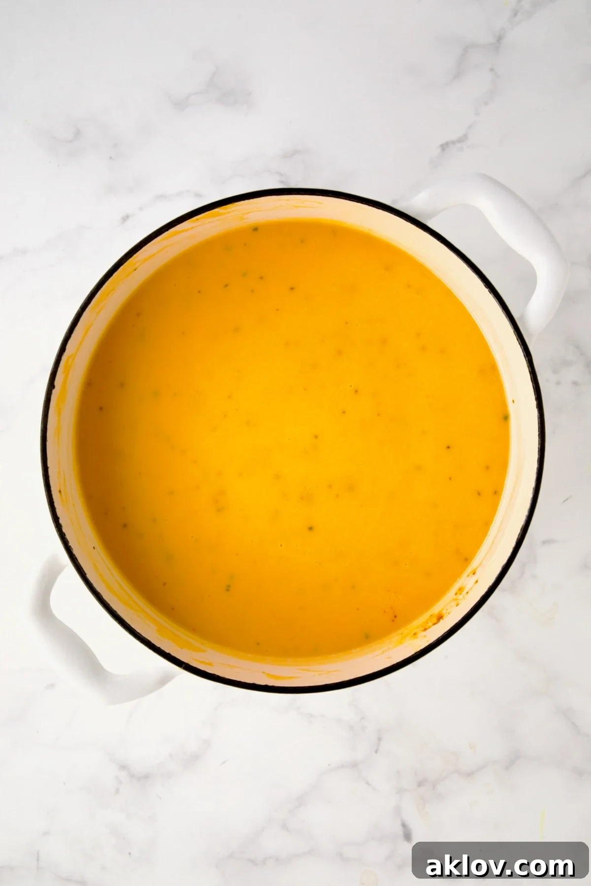 The finished, velvety-smooth Butternut Squash Brie Soup resting in a white enamel Dutch oven, ready for serving.