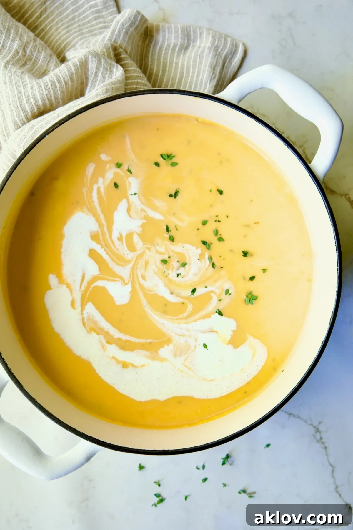 Garnished Butternut Squash Brie Soup in a white enamel Dutch oven, showcasing a swirl of extra cream and fresh thyme for presentation.