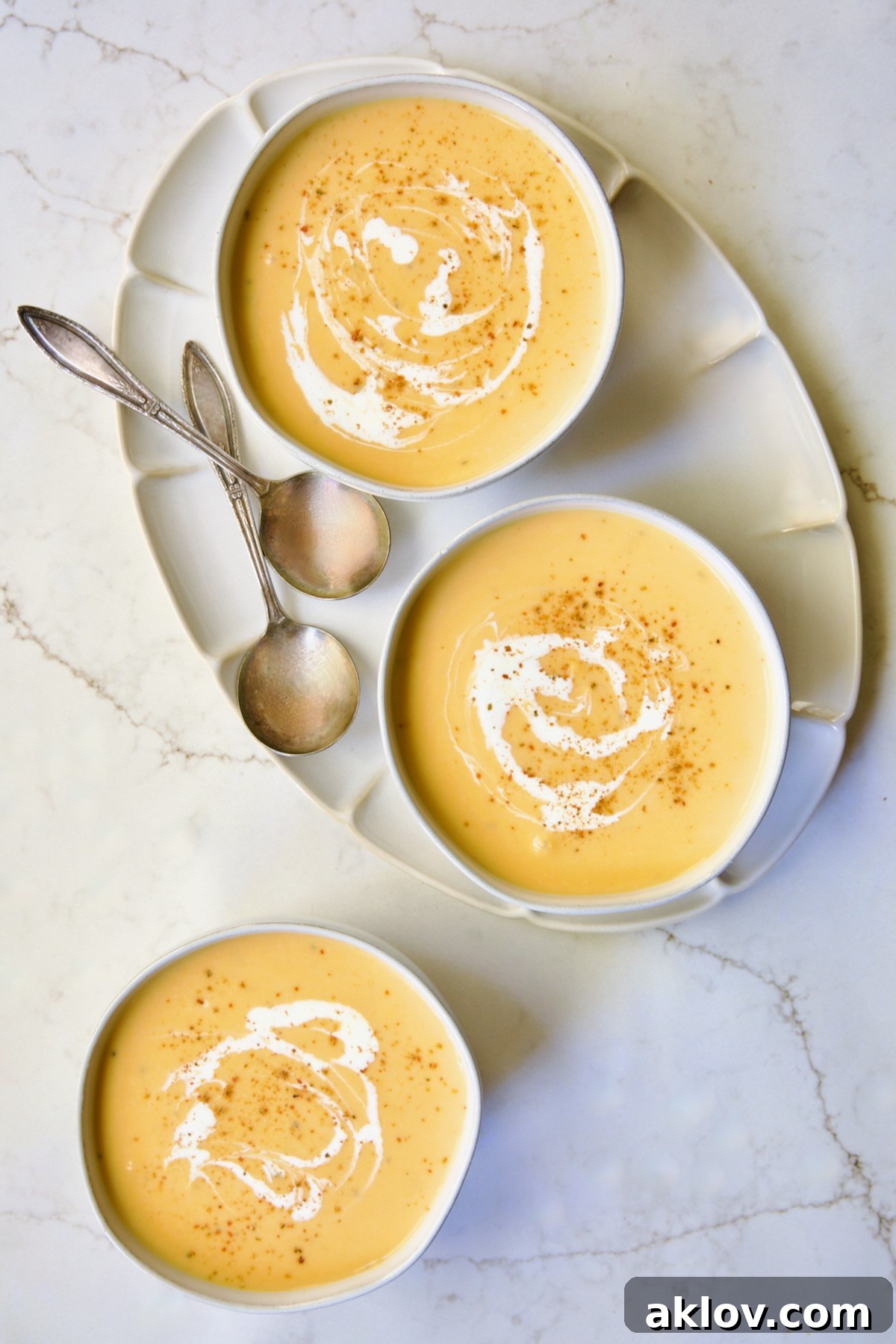 Three exquisite bowls of Butternut Squash Brie Soup, artfully garnished and ready to be served, emphasizing its rich texture and inviting color.