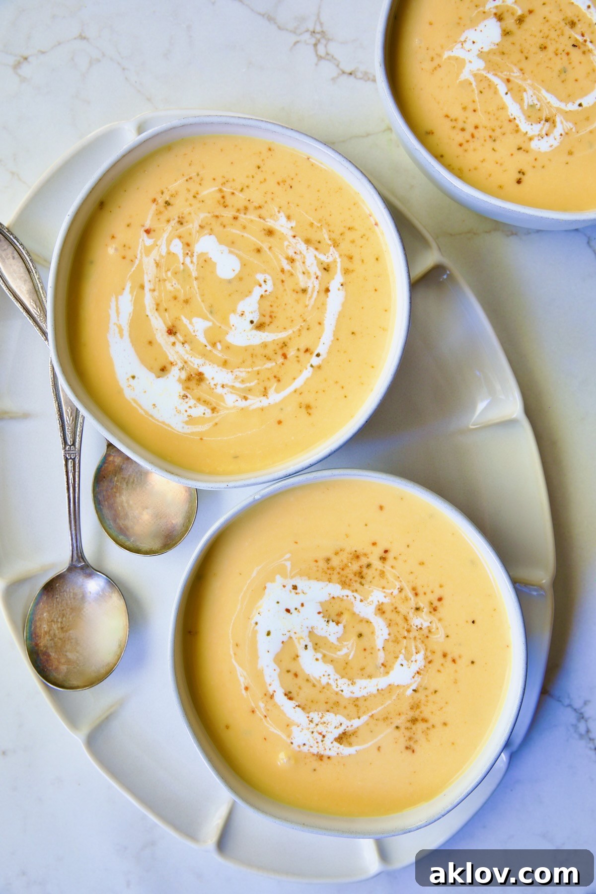 Another beautiful presentation of three bowls of Butternut Squash Brie Soup, emphasizing its comforting and gourmet appeal.