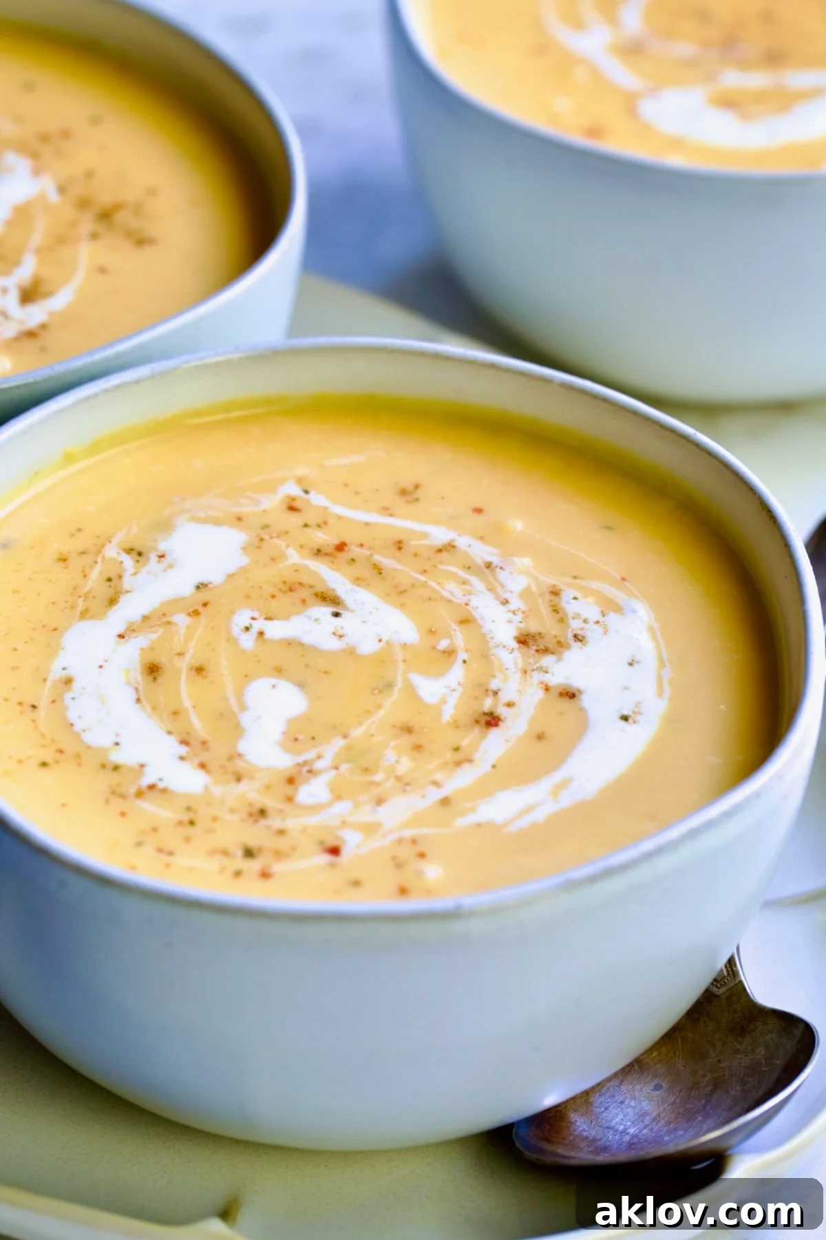 A single serving of Butternut Squash Brie Soup beautifully garnished with a swirl of cream and a fresh sprig of thyme, highlighting its creamy texture.