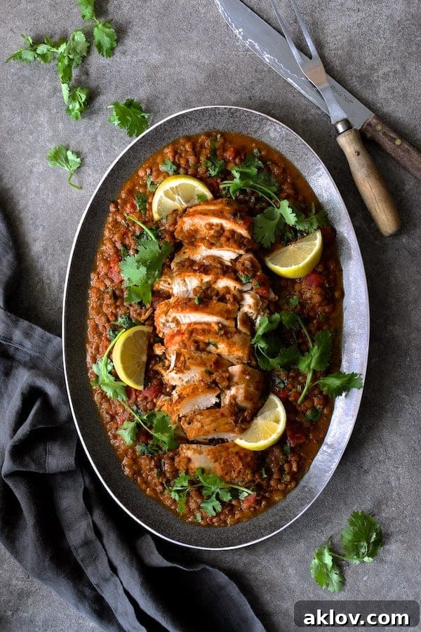 Slow Cooker Moroccan Turkey and Lentils on gray-rimmed platter garnished with cilantro and lemon wedges with gray napkin.