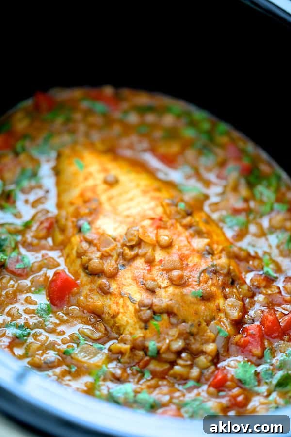 Slow Cooker Moroccan Turkey and Lentils in slow cooker after being cooked.