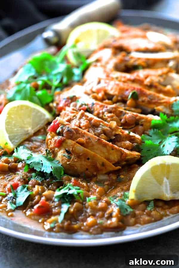 Close-up photo of Slow Cooker Moroccan Turkey and Lentils on gray-rimmed platter garnished with cilantro and lemon wedges.