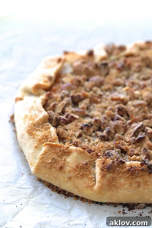 Close-up photo of baked Sweet Potato Galette with Pecan Streusel Topping.
