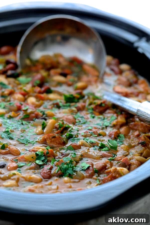 Photo of Slow Cooker Cajun 15 Bean Soup with Andouille Ham and Bacon in slow cooker with stainless steel ladle.