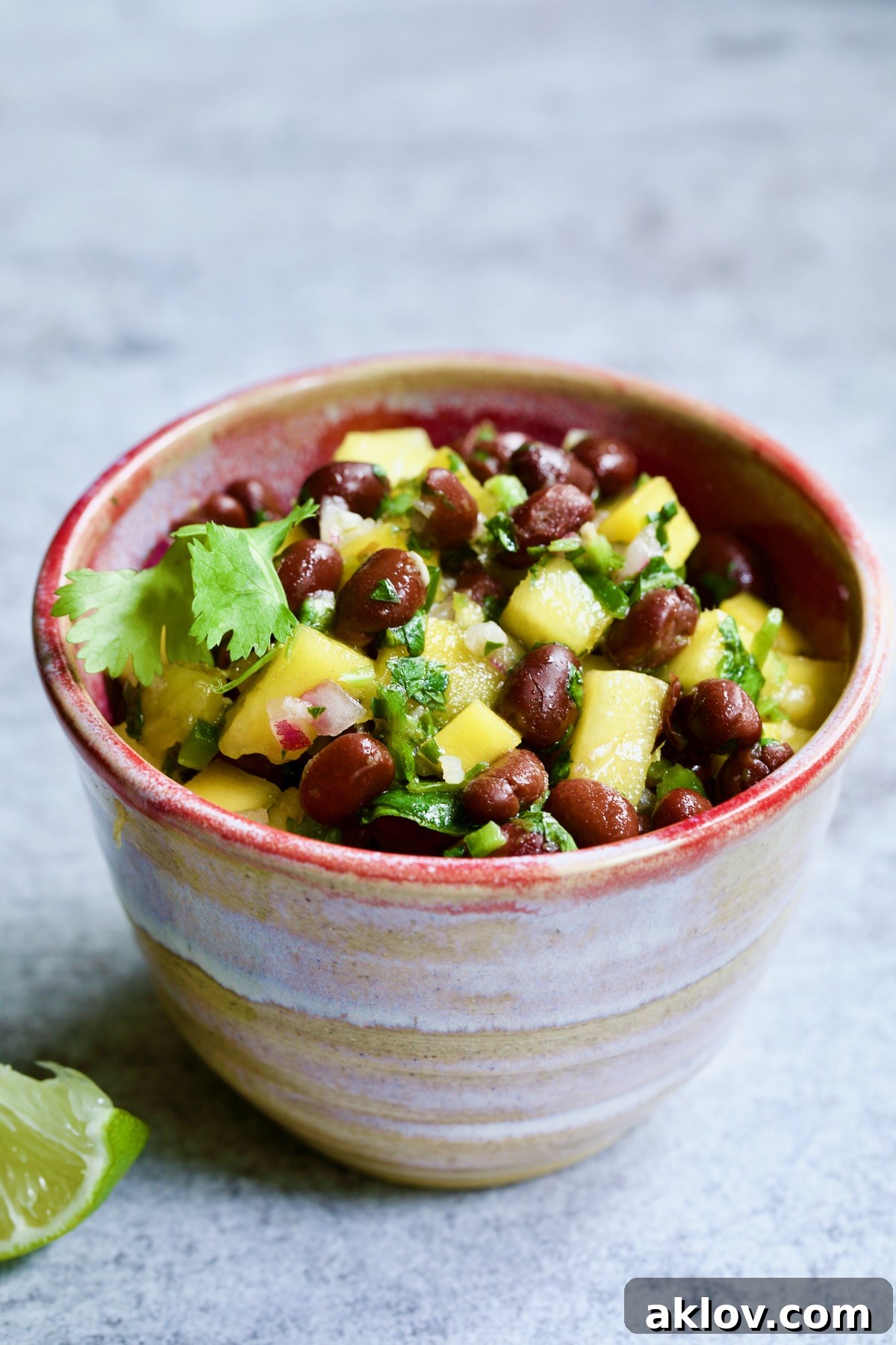 Bowl of Mango Black Bean Salsa garnished with cilantro sprig.