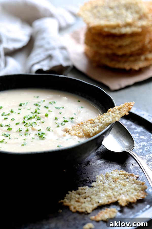 Rich and creamy Creamy White Bean, Rutabaga, and Roasted Garlic Soup in a black bowl, garnished with fresh herbs and a drizzle of olive oil.