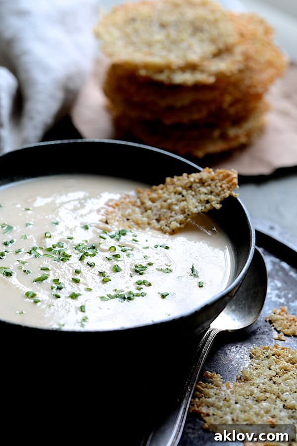 Beautifully presented Creamy White Bean Rutabaga and Roasted Garlic Soup served in a black bowl, accompanied by golden Quinoa Parmesan Crisps.