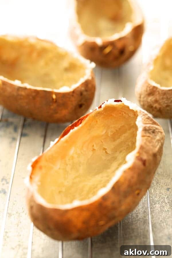 Photo showcasing hollowed-out baked potatoes resting on a cooling rack, ready for filling.