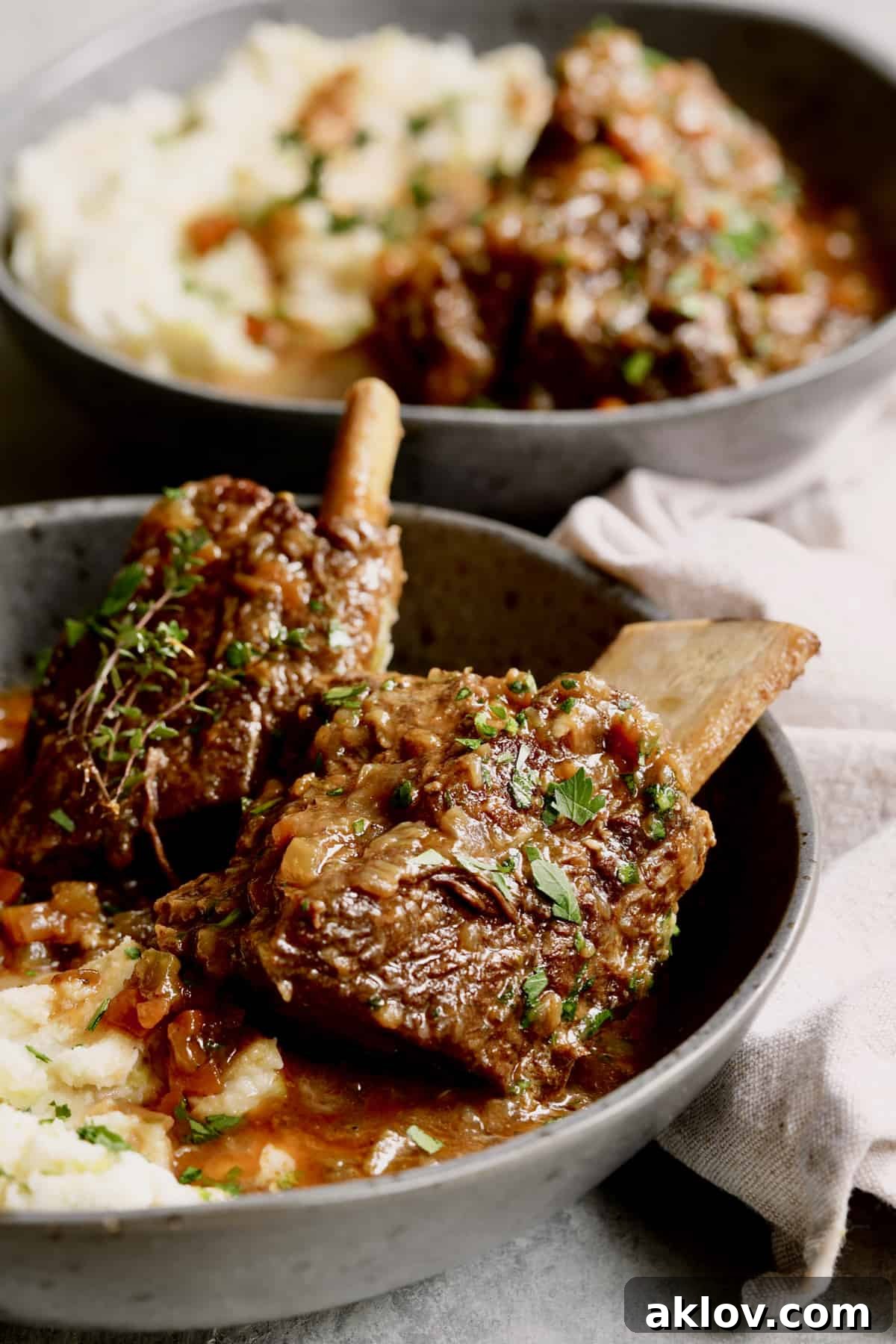 A tantalizing close-up shot of Stout Braised Beef Short Ribs, perfectly tender and coated in a glossy, dark stout reduction, served alongside a creamy, vibrant scoop of Colcannon in an elegant gray bowl.