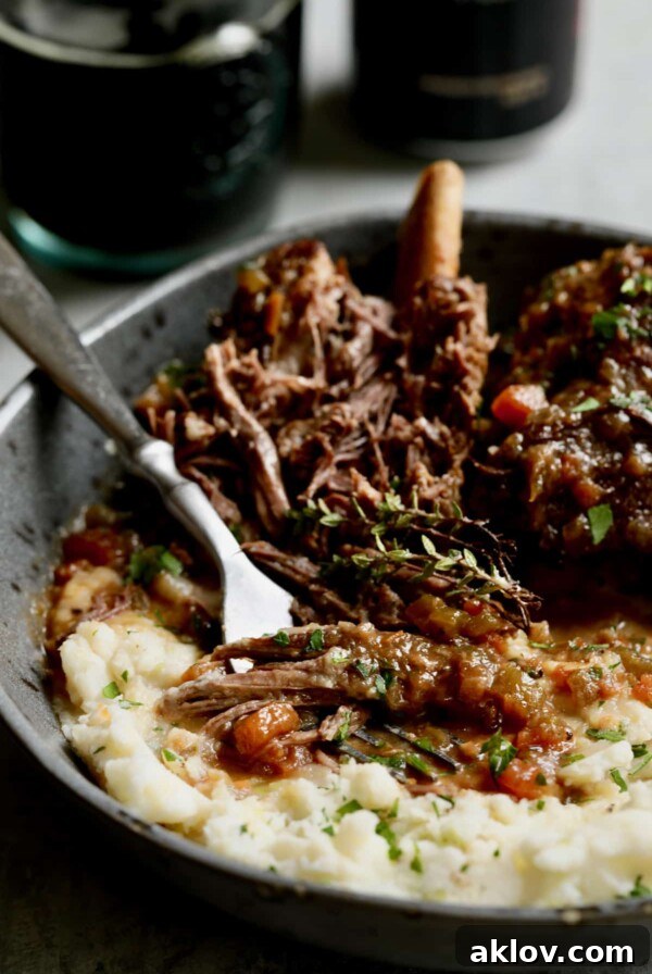 Close-up photo of Stout Braised Beef Short Ribs and Colcannon with fork shredding one of the short ribs.